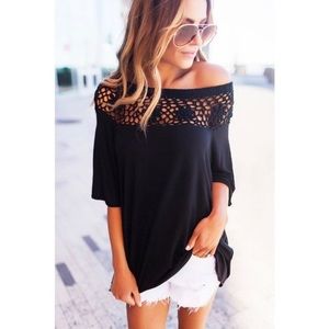 PRIVATE LABEL: Black Top with Crochet Scoop Neckline